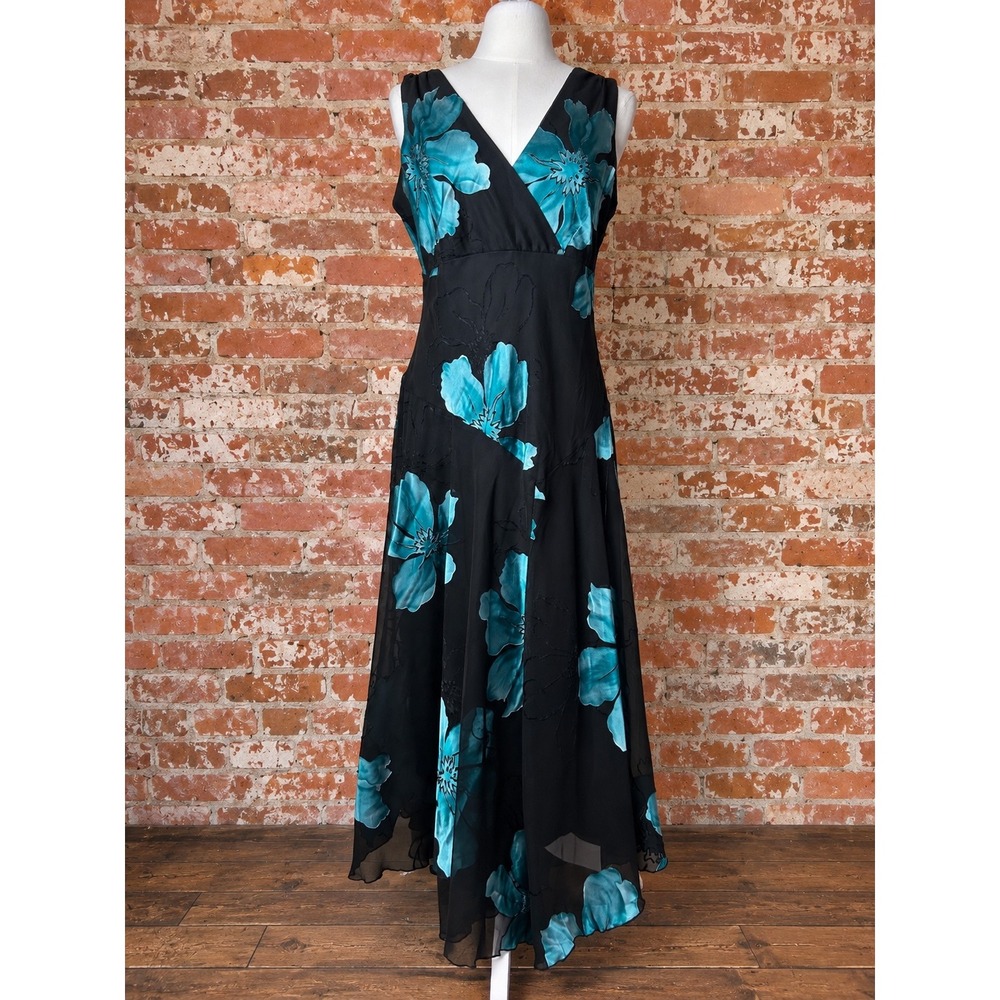 Y2K Black Teal Floral Handkerchief Hem Dress 8 Whimsigoth Fairycore Formal